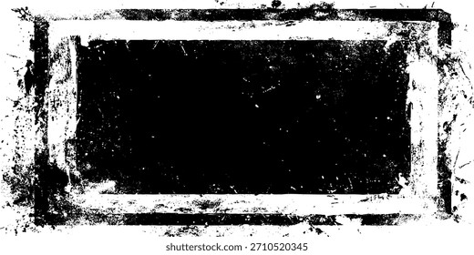 Dunkler Kratzer rauer grunziger Rahmen. Überlagern Textur von Flecken, Flecken, Tinte, Punkte, Spritzer, Staub. Beschädigter Vintage-Hintergrund. Not leidendes, schmutziges künstlerisches Gestaltungselement für Web, Print, Template, Social Media