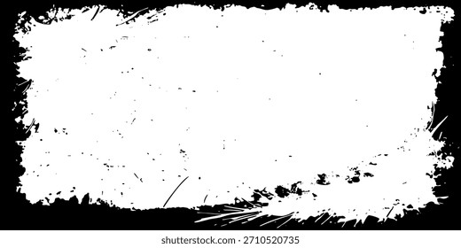 Dunkler Kratzer rauer grunziger Rahmen. Überlagern Textur von Flecken, Flecken, Tinte, Punkte, Spritzer, Staub. Beschädigter Vintage-Hintergrund. Not leidendes, schmutziges künstlerisches Gestaltungselement für Web, Print, Template, Social Media
