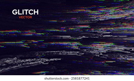 Dark Screen Pixels Colorful Glitch Effect Background. Abstract Digital Pixel Dots Noise Glitch Error. VHS CRT Overlay Effect. Video Damage Overlay Background. Vector Illustration.