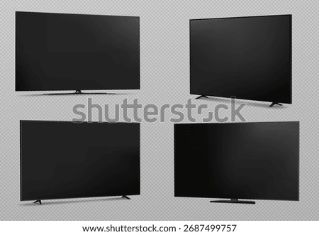 Dark screen tv mockup set with black displays and various stand designs - flat panel monitors from multiple view angles. Television templates for media presentation projects. Electronic device layout