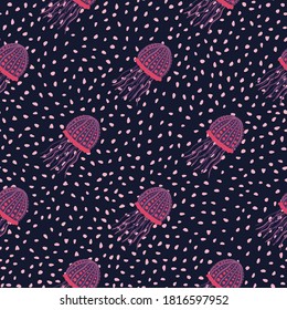 Dark sea seamless doodle pattern with jellyfish marine print. Pink and purple colored exotic print with dotted background.For wallpaper, textile, wrapping paper, fabric print. Vector illustration.