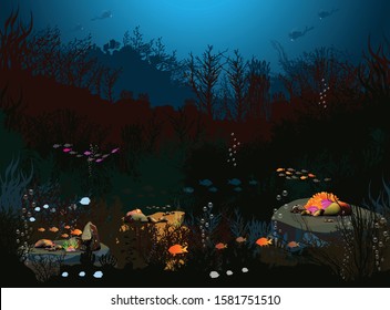 Dark sea. Vector illustration of sea creatures, large stones, divers and coral on the seabed background for users to design electronic cards - vector.

