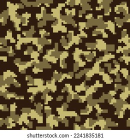 Dark Seamless Abstract Digital Commando Print. Repeated Beige Monochrome Graphic Camo Texture.  Desert Repeated Grunge Pixel Soldier Backdrop. Brown Geometric Military Textile. 
