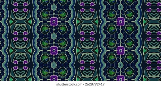 Dark Seamless Abstract Floral Pattern with Green Accents and Purple Hearts