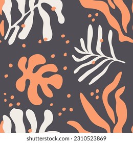 Dark Seamless Abstract Foliage Scribble Print. Bright Repeated Classic Beach Lines, Seamless Vector. Vibrant Continuous Summer Flora Watercolor Pattern. 