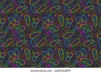 Dark seamless abstract pattern with colorful uneven circles on  gray background. Yellow, blue, green, black, orange and pink colors. For wallpaper, textiles, packaging, background, website. Shapes.