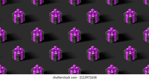 Dunkler, nahtloser Hintergrund mit schwarzen Geschenkbox. 3D-Vektor-nahtloses Muster