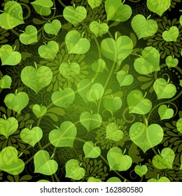 Dark seamless background with bright green leaves and vintage pattern (vector eps 10)