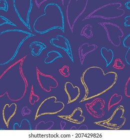 Dark seamless background with bright hand-drawn colored hearts