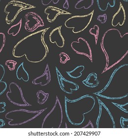 Dark seamless background with bright hand-drawn colored hearts