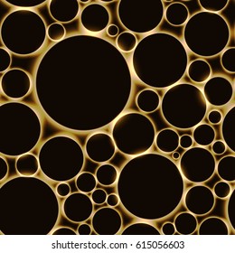 Dark seamless background with dark circle with gold glow.  Luxury endless pattern with glowing bubbless in random order.