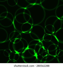 Dark seamless background with green NEON shining bubbles