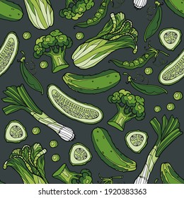 Dark seamless background from green vegetable products. Broccoli, peking cabbage, cucumber, green peas and leek. Hand-drawn graphics. Vegetarian menu. Vector.
