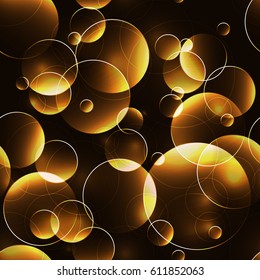 Dark seamless background with laser neon gold circles. Golden shining  random rings. Luxury endless pattern with glowing bubbles in random order.