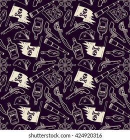Dark seamless background of pirate attributes. hand-drawn illustration