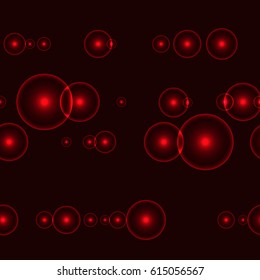 Dark seamless background with shinning red circles and points. Neverending pattern with glowing points with halo around. Infinity lines with red lights on black background.