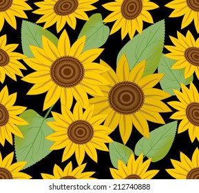Dark seamless background with sunflower and green leaves