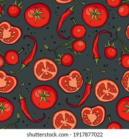 El fondo oscuro y transparente de una variedad de tomates y pimientos calientes. Gráficos dibujados a mano. Menú vegetariano. Vector.