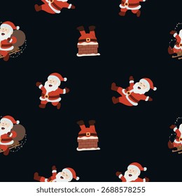 Dunkles, nahtloses Weihnachtsmuster mit Weihnachtsmann und Schneeflocken, moderner festlicher Hintergrund für Urlaubsdesign, Einwickelpapier oder Grußkarten