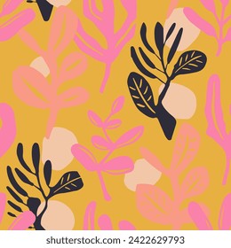 Dark Seamless Classic Artistic Artwork Background. Yellow Continuous Summer Plant Textile, Seamless Backdrop. Hippie Repetitive Contemporary Garden Template Design. 