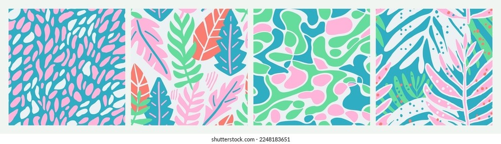 Dark Seamless Color Tropic Set Vector. Bright Repeated Doodle Plant Scribble, Seamless Texture. Orange Continuous Contemporary Palm Illustration Print. 