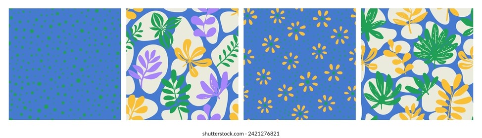 Dark Seamless Contemporary Flora Textile Wallpaper. Yellow Repetitive Abstract Beach Style, Seamless Pattern. Purple Repeated Fashion Decorative Shape Print. 