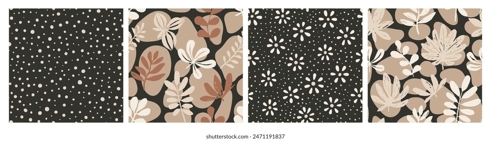 Dark Seamless Creative Beach Scribble Print. Purple Endless Abstract Jungle Template, Seamless Texture. Green Continuous Nature Plant Surface Pattern. 