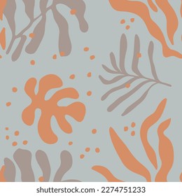Dark Seamless Creative Flora Quill Background. Hippie Repetitive Summer Tree Leaves, Seamless Pattern. Orange Seamless Elegant Organic Template Art. 