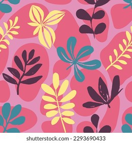 Papel de escritorio de la Flora Creativa Oscura Y Sin Precedentes. La Forma De La Playa De La Naturaleza Repetida Y Ligera, Sin Margen. Arte De Ornamento Trópico De Doodle Rosado Continuo. 