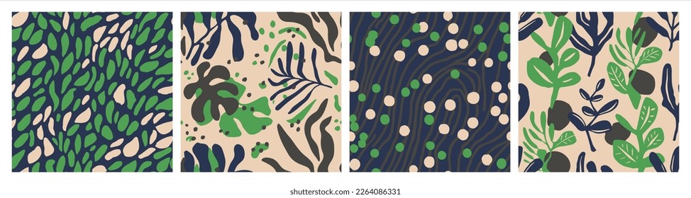 Dark Seamless Decoration Beauty Watercolor Print. Blue Continuous Creative Foliage Style, Seamless Set. Green Seamless Classic Decorative Textile Collection. 