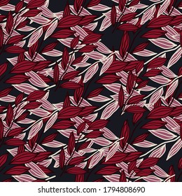 Dark seamless doodle naive pattern with outline leaves elements. Black background with red and pink botanic elements. For wallpaper, wrapping paper, textile print, fabric. Vector illustration.