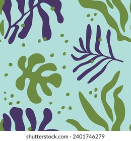 Dark Seamless Elegant Artistic Element Vector. Vibrant Repetitive Doodle Beach Artwork, Seamless Pattern. Green Seamless Contemporary Modern Scribble Print. 