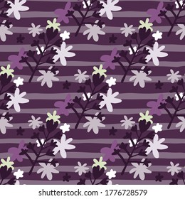 Dark seamless floral pattern with daisy flowers ornament. Purple background with strips and black botanic elements. Backdrop for wallpaper, wrapping paper, textile print, fabric. Vector illustration.