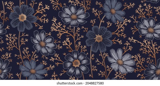 Dark seamless floral pattern. Flowering plants. Vintage vector. Cute flowers chamomile or cosmos. Gold on black background. Victorian style. Luxurious summer textiles, paper, wallpaper decoration.