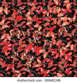 Dark seamless floral pattern with flowers and butterflies. Vector.