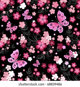 Dark seamless floral pattern with flowers and butterflies (vector)
