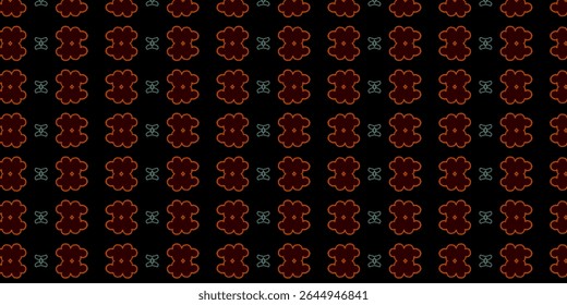 Dunkles, nahtloses Blumenmuster mit leuchtenden rot-orangen Umrissen und minzigen Akzenten. Eine reiche und moderne Wiederholung für Textilien, Tapeten und stylisches Modedesign.