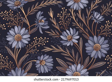 Dark seamless floral pattern. Repeating luxury template with blooming plants, golden branches and leaves. Design element for wallpaper and print on fabric or paper. Elegant vector illustration