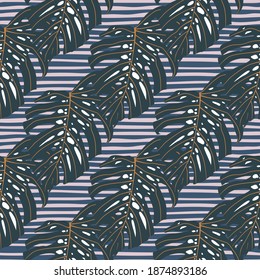 Dark seamless foliage exotic pattern with monstera ornament. Simple tropical backdrop. Great for fabric design, textile print, wrapping, cover. Vector illustration.