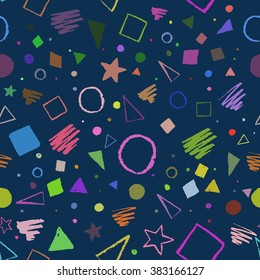 Dark seamless geometric 1980s styled pattern with triangles, circles, squares and doodles.