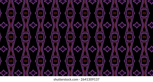 Dark seamless geometric pattern with bold purple and red tribal motifs. Vivid design perfect for fashion, decor, or fabric prints. Pattern, tribal, seamless, fashion, bold.