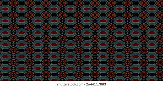 Dark seamless geometric pattern with red, teal, and black hues. Perfect for modern fabric, digital wallpaper, and moody-themed abstract designs with symmetry and contrast.

