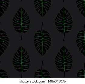 Dark seamless geometric pattern with vertical rows of monstera tropical leaves with veins. Repeat symmetrical botanical pattern. Vector illustration.