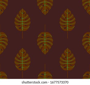 Dark seamless geometric pattern with vertical rows of monstera tropical leaves with veins. Repeat symmetrical botanical pattern. Vector illustration.
