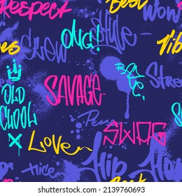 Dark Seamless graffiti and tag pattern on purple backdrop with grunge, splashes and street lettering yellow, pink and light green colors. Artistic graffiti with ink, spray and tags for merch, t-shirt