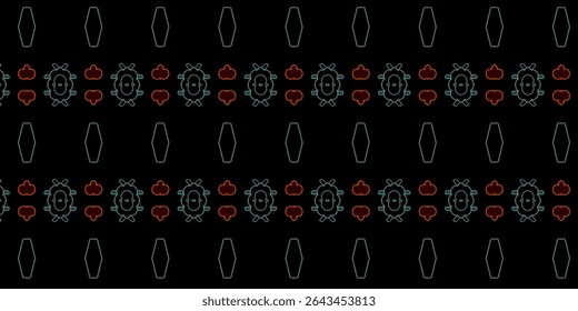 Dark seamless Halloween pattern featuring neon pumpkins, skulls, coffins, and spooky symbols. Great for party decor, textiles, or posters. Halloween, neon, seamless, spooky, pattern.