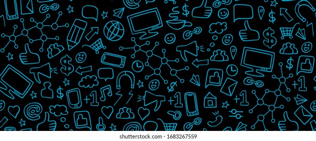 Borde horizontal oscuro y transparente con elementos de medios sociales dibujados a mano sobre fondo negro. Impresión de tecnología de Internet. Ilustración vectorial.