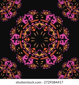 Padrão de mandala sem costura escuro com vibrante simetria ornamental rosa e laranja no fundo preto. Perfeito para papéis de parede, têxteis, tecido de moda, embalagem, marca, papel de embrulho e design de superfície.