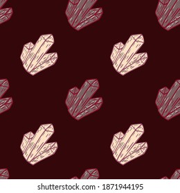 Dark seamless mineral pattern with beige and maroon colored crystals. Brown background. Designed for fabric design, textile print, wrapping, cover. Vector illustration.