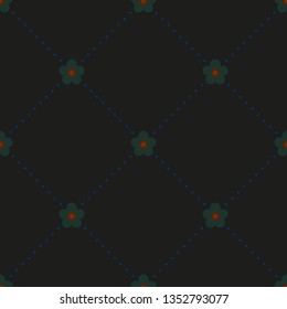 Dark seamless minimalist symmetrical pattern with small green flowers and blue dotted rhombuses on black background. Vintage, retro colors. Repeat geometric botanical pattern. Vector illustrati